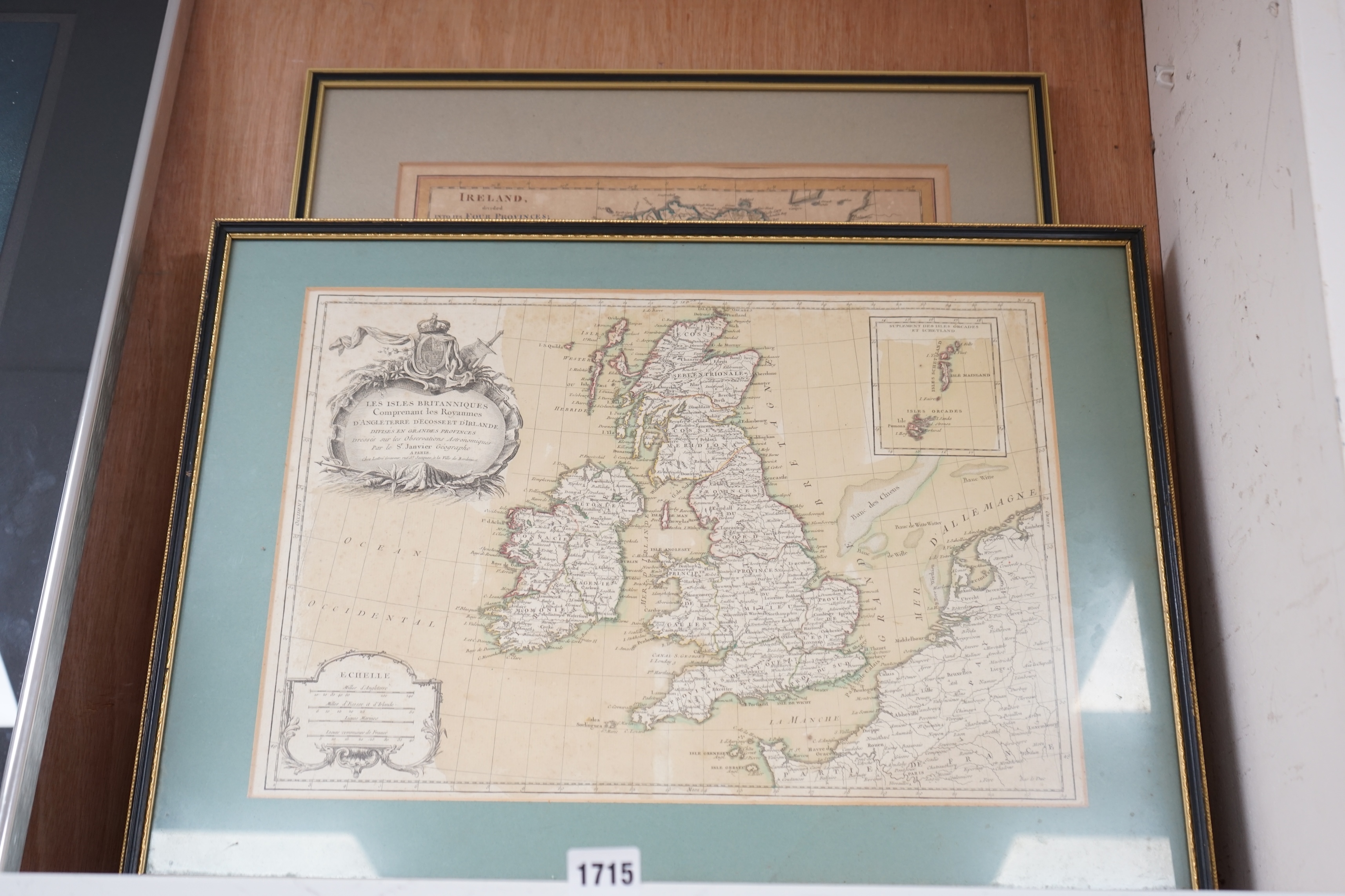 Dunn, Samuel - Ireland divided into its Four Provinces; Subdivided into Counties - an engraved map, outlined in colour, dated 1774 and Janvier, Jean - Les Isles Britanniques Comprenant les Royaumes D'Angleterre, D'Ecosse